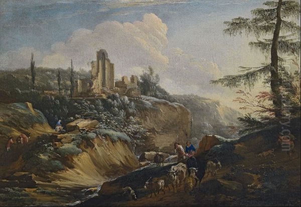 Landscape with Herders and Ruins Oil Painting by Philips Augustijn Immenraet