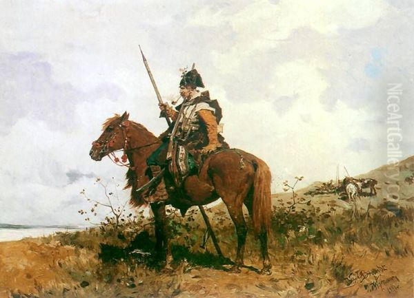 Kozak na koniu. Oil Painting by Jozef Brandt