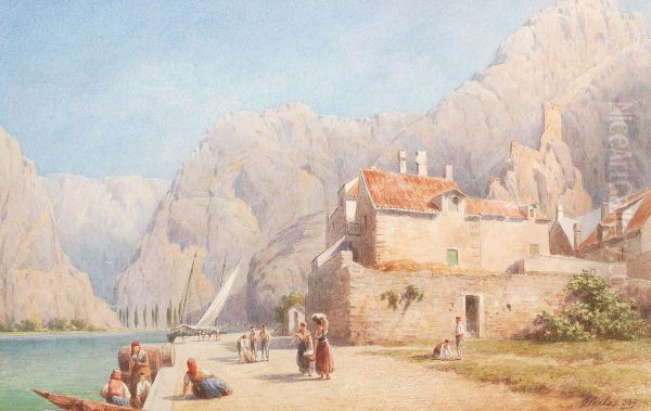 A southern coastline, surrounded by a mountain range Oil Painting by Gottfried Seelos