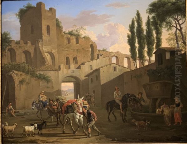 An Italianate Townscape with Figures Oil Painting by Jacob De Heusch