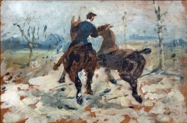 Deux chevaux menes en main Oil Painting by Henri De Toulouse-Lautrec