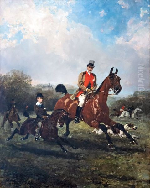 Count Geoffroy de Ruille hunting with hounds, his son by his side, the castle of Gallerande in the background Oil Painting by Rene Pierre Charles Princeteau