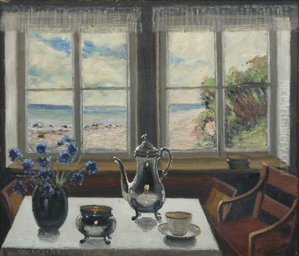 Interior med udsigt til stranden. Oil Painting by Christian Aigens