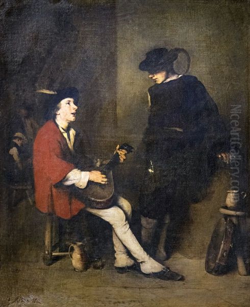 The guitar player Oil Painting by Augustin Theodule Ribot