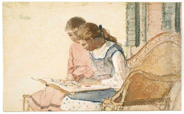 Two Girls Looking at a Book Oil Painting by Winslow Homer