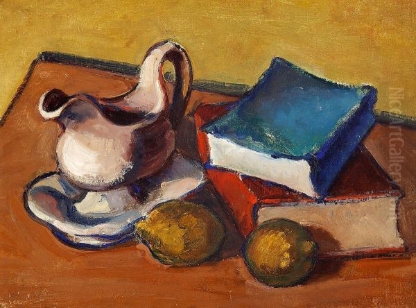 Still life with gravy bowl, lemons and books on a table. Oil Painting by Vilhelm Lundstrom