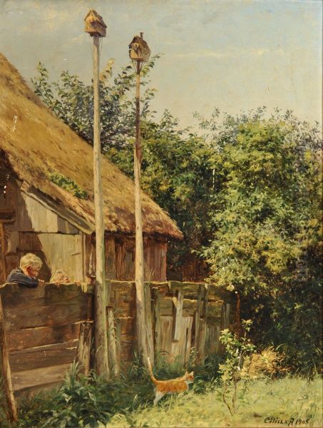 Children and a cat behind a farmhouse on a summer day. Oil Painting by Cilius Andersen