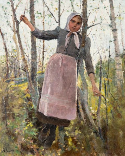 Spring; Girl in a Birch Forest Oil Painting by Amelie Lundahl