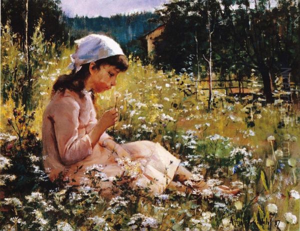 In the middle of flowersorA girl in a meadow Oil Painting by Amelie Lundahl