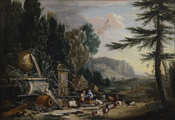 Landscape with Herders and Ruins Oil Painting by Philips Augustijn Immenraet