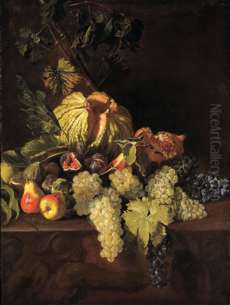 Still life with pumpkin, pears and pomegranate Oil Painting by Michelangelo Cerquozzi