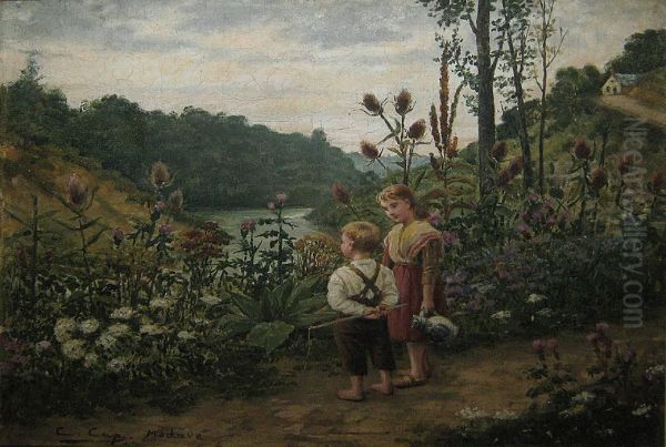 'deux Enfants A Modave'. Oil Painting by Constant Aime Marie Cap