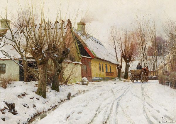 Vinterdag i landsbyen med hestevogn pa vejen. Oil Painting by Peder Mork Monsted