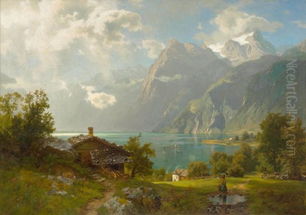 Blick auf den Vierwaldstattersee mit Wascherin und Kind Oil Painting by August Wilhelm Leu