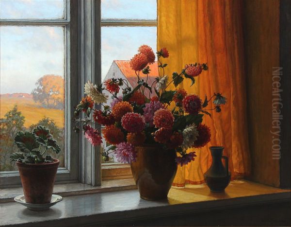 Flowers in a windowsill. Oil Painting by Wilhelm Andersen