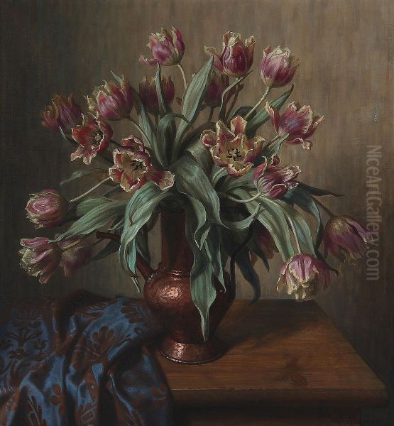 Still life with tulips in a vase. Oil Painting by Wilhelm Andersen