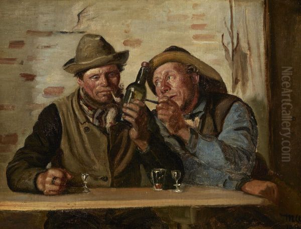 Two fishermen of Skagen enjoying a smoke and a drink at the inn. Oil Painting by Michael Peter Ancher