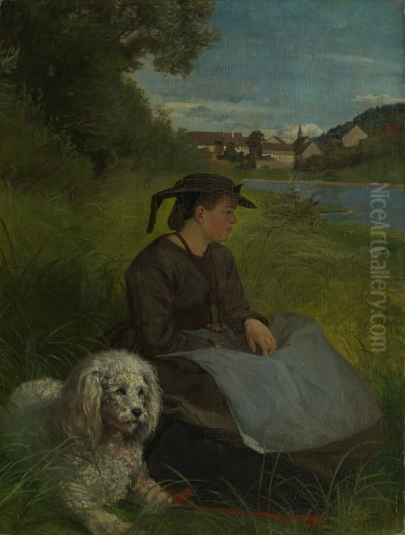 Agathe mit weissem Hund Oil Painting by Hans Thoma