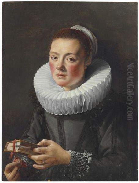 Portrait of a lady, half length, holding a book of prayers in her hand Oil Painting by Cornelis De Vos