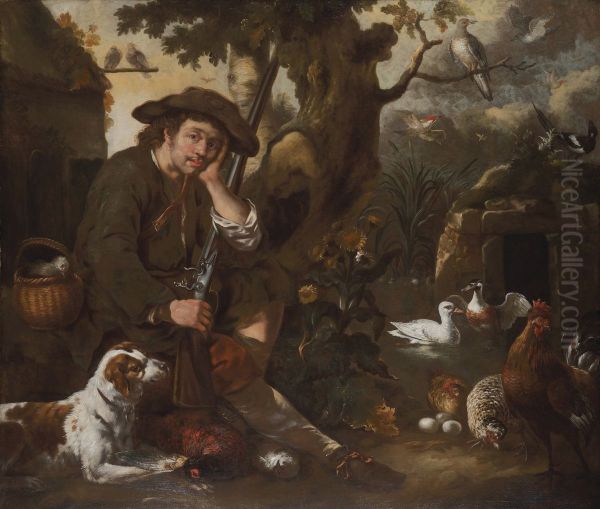 Hunter sitting by a tree, with a dog and birds Oil Painting by Bernhard Keil