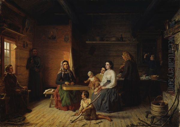 Kreeta Haapasalo Playing the Kantele in a Peasant Cottage Oil Painting by Robert Wilhelm Ekman