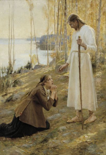 Christ and Mary Magdalene, a Finnish Legend Oil Painting by Albert Edelfelt