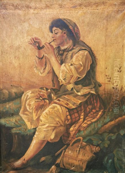 Gypsy girl lighting a pipe Oil Painting by Gyorgy Vastagh