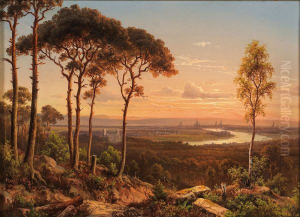 Blick auf Dresden im Abendrot, im Hintergrund Schloss Albrechtsberg Oil Painting by Johann Anton Castell