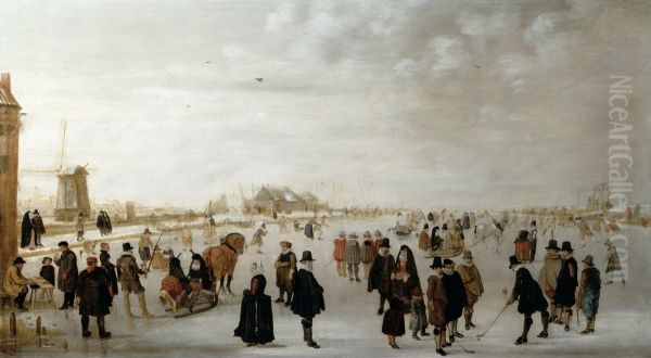 Winter Landscape on the River Ijsel, near Kampen, Holland Oil Painting by Hendrick Avercamp