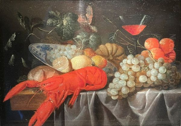 A Lobster with Fruit in a Wan-li Dish on a Partially Draped Table Oil Painting by Cornelis De Heem