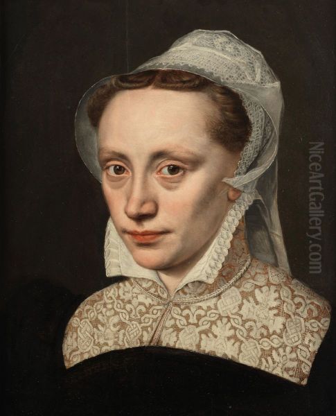 Portrait of a lady, bust-length, in black costume with a white lace collar and headdress Oil Painting by Frans Pourbus the Elder