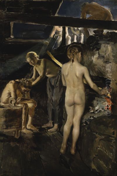 In the Sauna Oil Painting by Akseli Gallen-Kallela