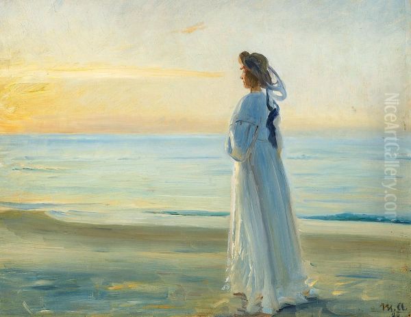 Marie Dinesen walking at Skagen Nordstrand. Oil Painting by Michael Peter Ancher