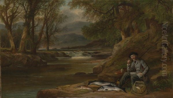 Fishing, Portrait of the Artist by a River Oil Painting by Henry Leonidas Rolfe