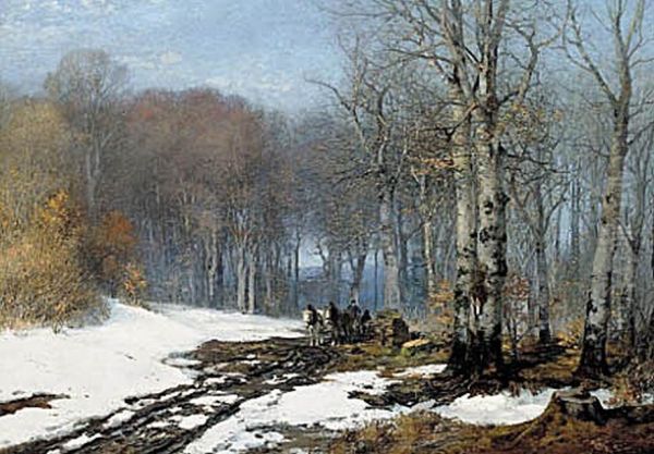 Hestekoretoj i skoven en vinterdag med hoj bla himmel. Oil Painting by Anders Andersen-Lundby