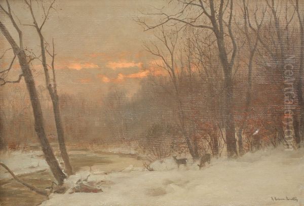 Radyr ved vandlob. Naermest overskyet. Oil Painting by Anders Andersen-Lundby