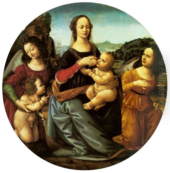 Madonna and Child with St. John the Baptist and angels. Oil Painting by Lorenzo Di Credi