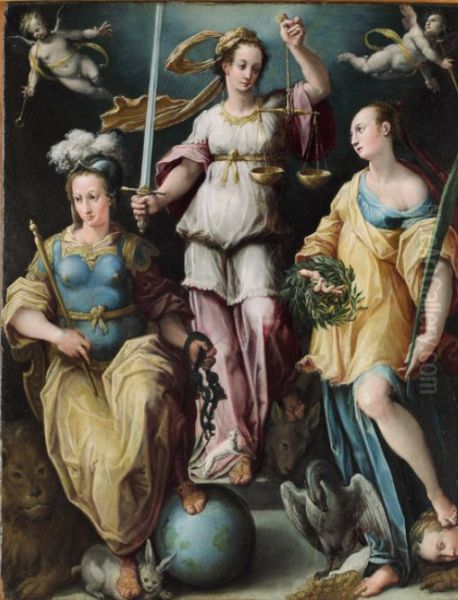 Allegory with Justitia, Temperentia and Victoria or Liberalitas Oil Painting by Stradanus