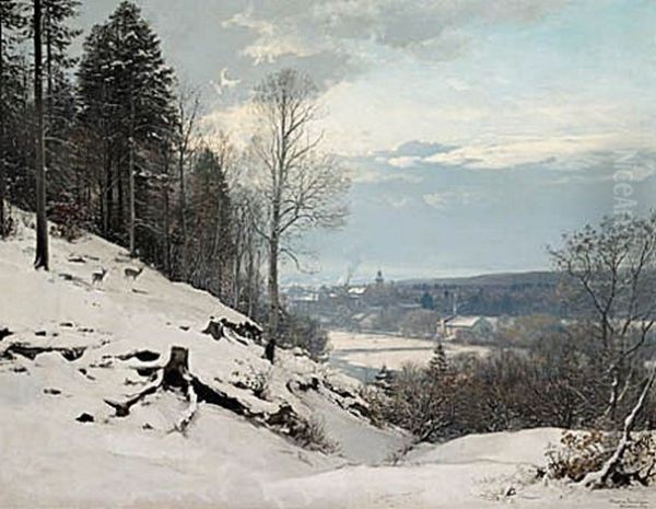 A winter landscape with Munich in the distance. Oil Painting by Anders Andersen-Lundby