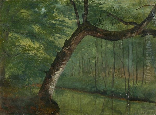 A pond in the woods. Oil Painting by Janus la Cour