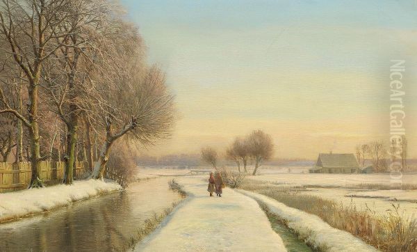 Two women by a river in a winter landscape. Oil Painting by Anders Andersen-Lundby