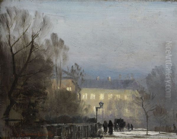 Buildings in a park by the evening lights. Oil Painting by Anders Andersen-Lundby