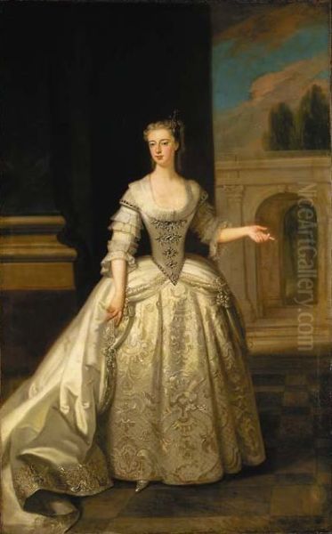 Portrait of Lady Caroline D'Arcy, Countess of Ancram, full-length, in a grey satin dress, beside a column, before an archway, with a landscape beyond Oil Painting by Enoch Seeman