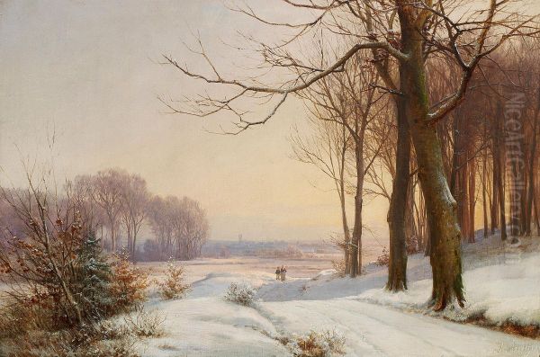 Vinterlandskab ved solnedgangstide. Oil Painting by Anders Andersen-Lundby