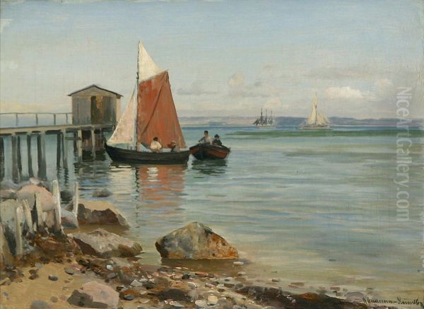 A coastal scenery with boats at a bathing jetty. Oil Painting by Anders Andersen-Lundby