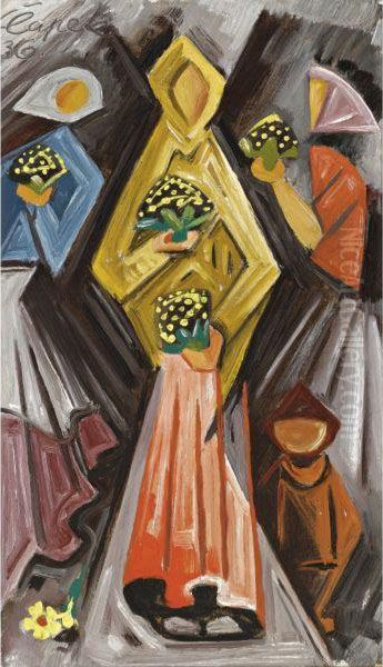 Women With Flowers Oil Painting by Josef Capek