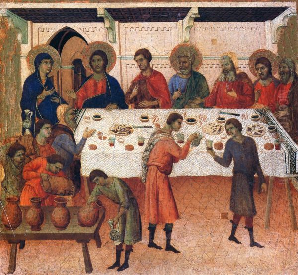 Maesta, Altarretabel des Sieneser Doms, Ruckseite, Predella mit Szenen zur Versuchung Christi und Wundertaten, Szene: Hochzeit zu Kana Oil Painting by Duccio Di Buoninsegna