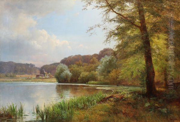 Dansk sommerlandskab. (1871). Oil Painting by Anders Andersen-Lundby