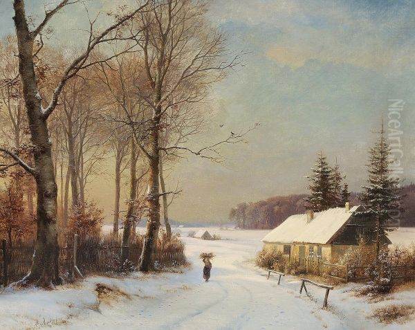 Vinterlandskab med kone pa en landevej ud for et hus. Oil Painting by Anders Andersen-Lundby