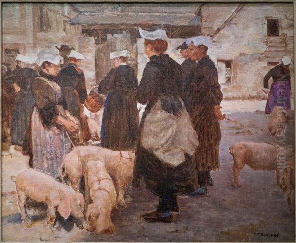 Marche aux cochons d'Auray Oil Painting by Joseph-Felix Bouchor